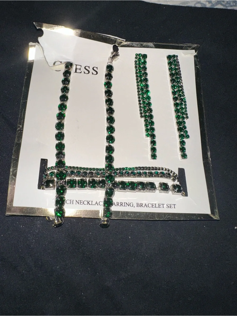 GUESS Green Crystal Bracelet, Necklace & Drop Earrings Set
